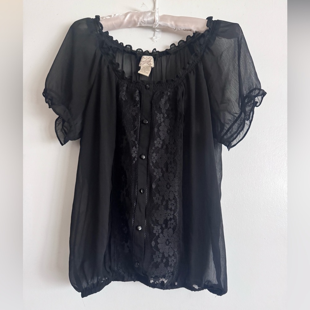 Eyelash Couture Women's Sheer Black Short Sleeve Blouse with Lace Trim Medium